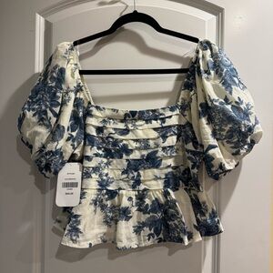 Elegant Floral Puff Sleeve Blouse - Blue and White